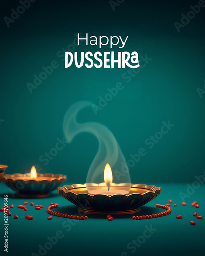 Happy Dussehra Greeting Card with Traditional Diya, Decorative Lanterns and Festival Ornament