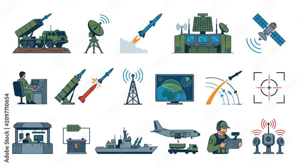 Obraz premium Military Technology Icons: Missiles, Radar, Satellite, Command Center, Ship, Plane