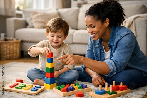 Mother and child playing with colorful wooden blocks and educational toys at home
