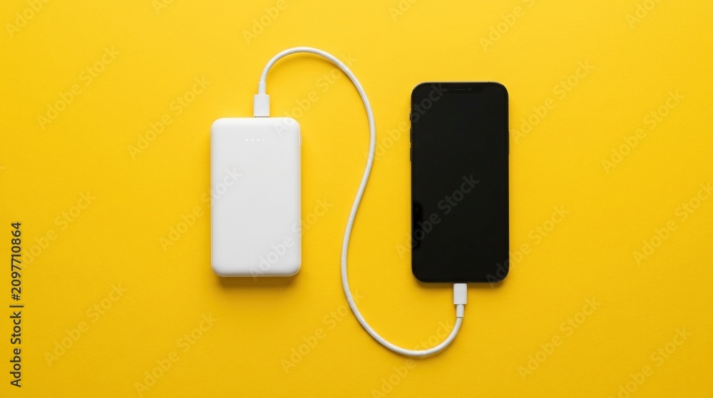 Obraz premium Modern smartphone connected to portable power bank with white cable on bright vibrant yellow studio surface for fast charging mobile device battery technology hardware.