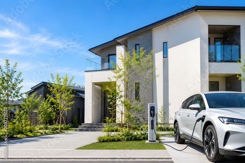 EV充電器付きモダン住宅と電気自動車のサステナブル素材