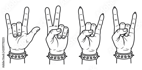 Foto Set of rock and roll hand gestures with studded wristbands sketch wristband fest