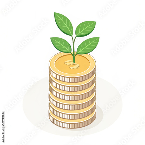 Financial growth, investment, money stack, coin tower with green sprout