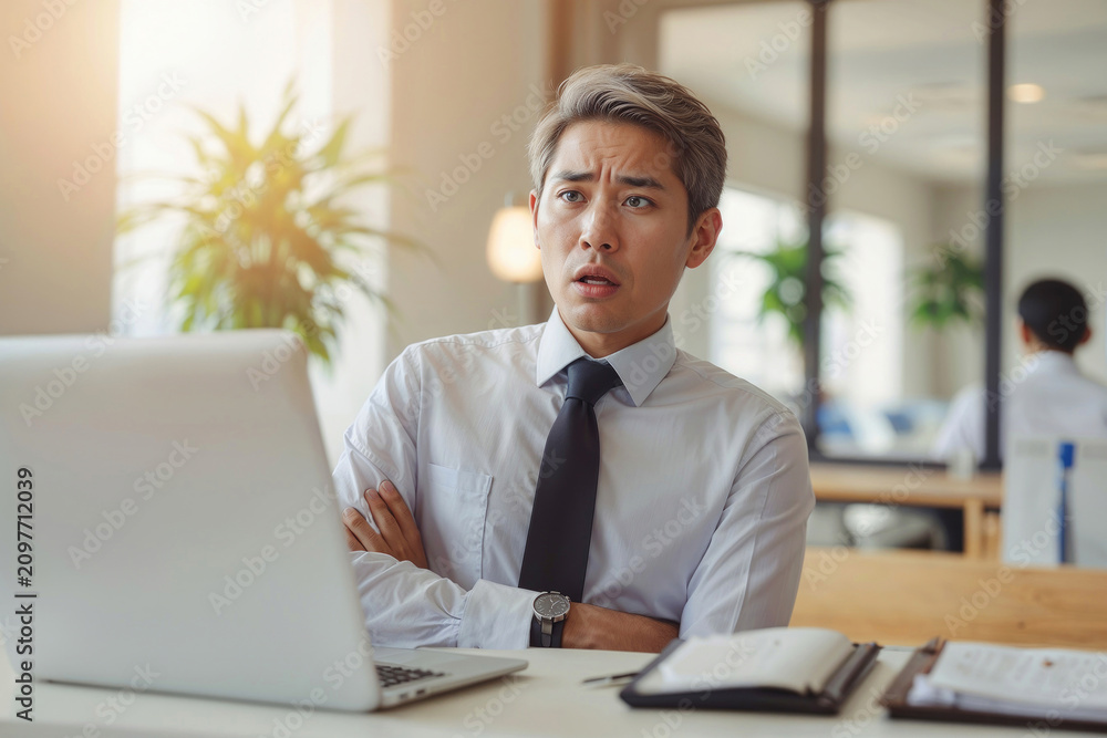 Fototapeta premium Portrait of a tired Asian manager at his workplace in the office. Lots of work