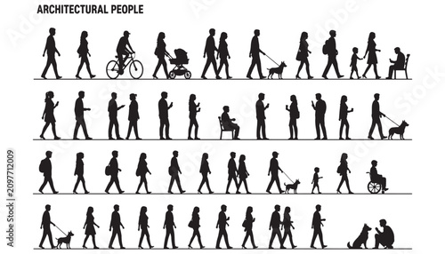 Architectural scale people silhouettes vector pack. Black figures of walking, sitting, biking people with dogs and strollers.