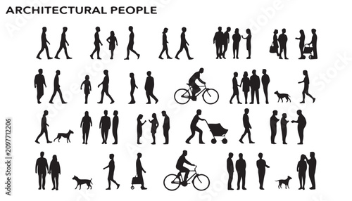 Architectural scale people silhouettes vector pack. Black figures of walking, sitting, biking people with dogs and strollers.