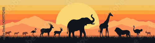 Photography African Savanna Silhouette Landscape with Animals at Sunset