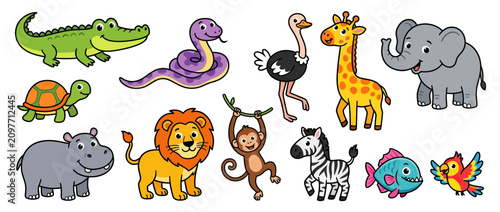 Canvas Print Cute Cartoon Safari Animals Collection - Isolated Vector Illustrations