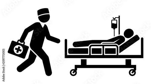 Black and white icon of a doctor visiting a patient in a hospital bed.
