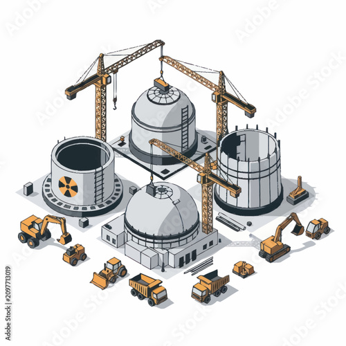 Industrial construction site with storage tanks and cranes.