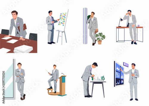 Set of flat vector illustrations of a successful businessman in a grey suit, engaging in various professional activities and office scenarios.