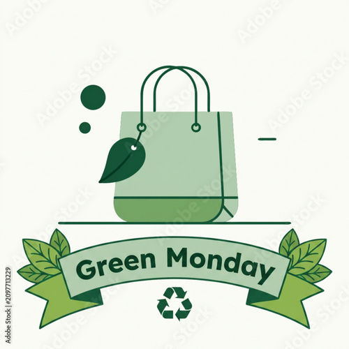 Green Monday, eco friendly shopping, sustainable bag, recycling symbol, green leaves