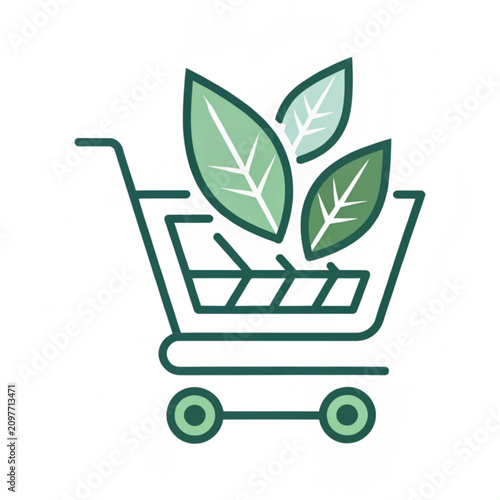 Eco friendly shopping cart, green leaves, sustainable retail, eco commerce icon