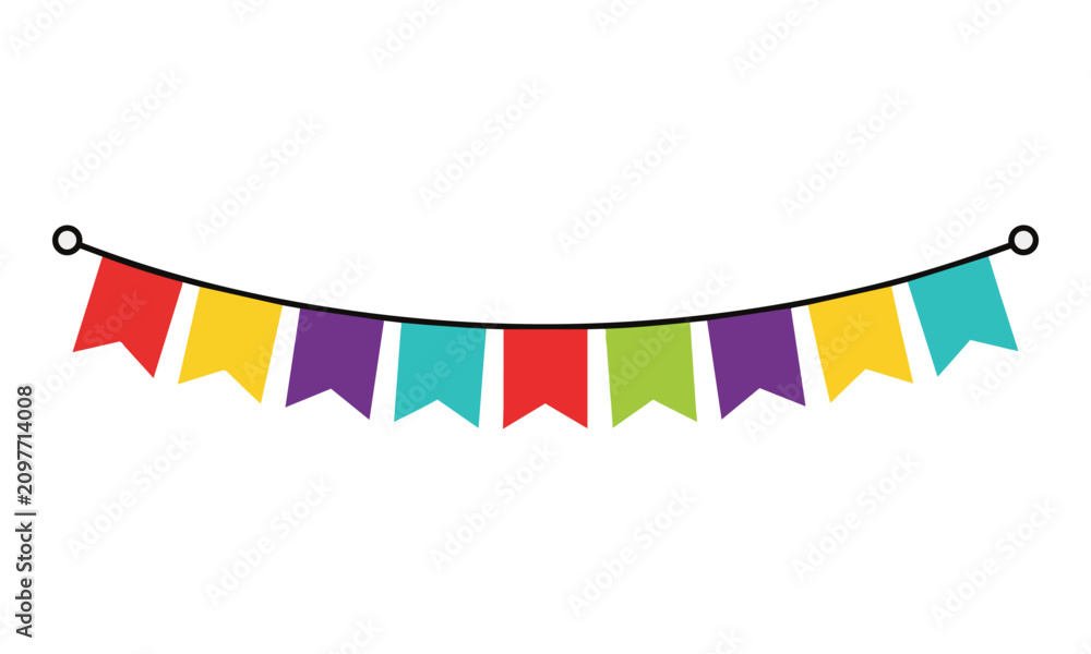 Obraz premium String of colorful rectangular bunting flags isolated on a white background. Festive celebration concept