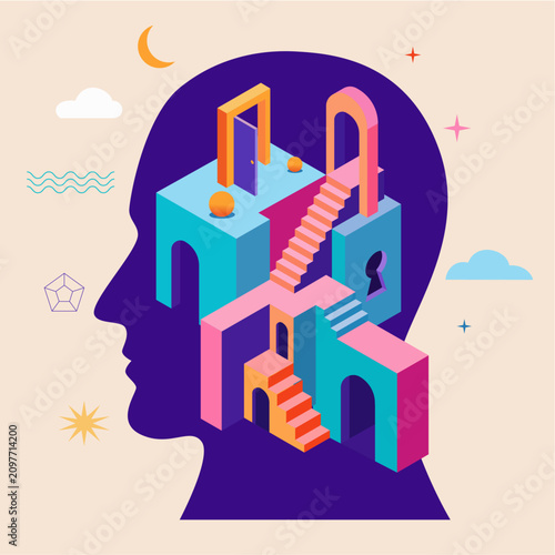 Mental Health Growth Journey Concept with Human Head Silhouette Abstract Isometric Blocks and Stairways