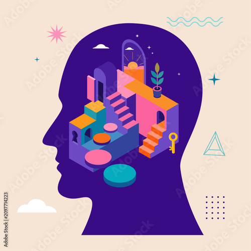 Mental Health Growth Journey Concept with Human Head Silhouette Abstract Isometric Blocks and Stairways