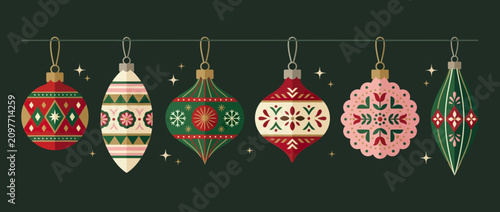 Foto Retro Christmas Ornaments Hanging on String with Stars, Festive Holiday Decorati