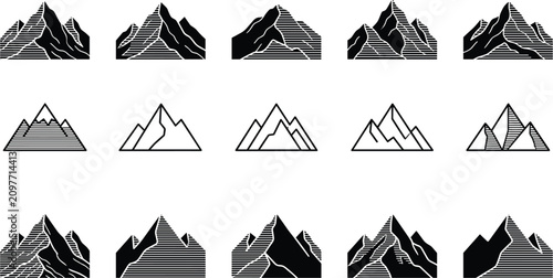 Foto Alpine mountain peak vector icon set featuring majestic ridge range line art and solid black high altitude outdoor summit design templates isolated on white background