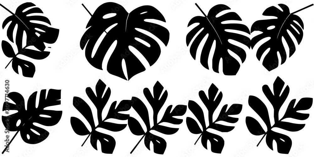 Fototapeta premium Monstera leaf set with six black silhouettes arranged in a symmetrical grid on a white background featuring botanical, vector, minimalist design with flat lighting and modern aesthetic