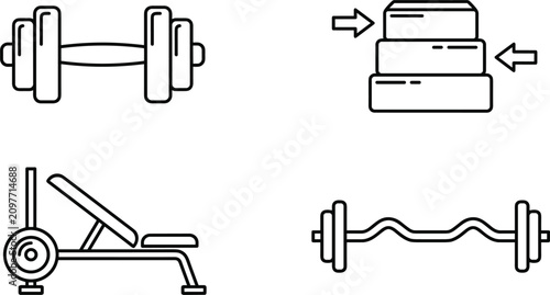 Cuadro en lienzo Gym workout fitness weightlifting equipment line icon set featuring heavy dumbbell, step aerobics riser platform, adjustable incline workout bench, and EZ curl barbell on white background