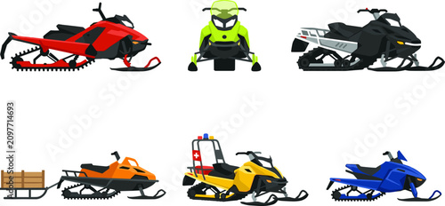 Snowmobile and winter transport vector illustration set featuring motorized sled sports snowmobile rescue vehicle utility sled with cargo trailer and snow scooter