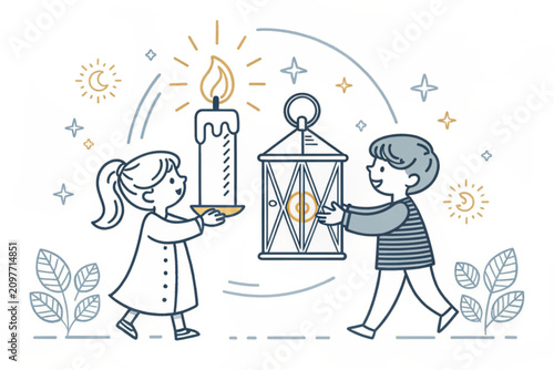 Children holding lanterns, candle, and stars, line art illustration, kids, night, magical