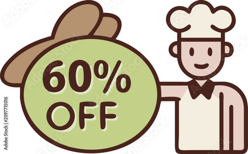 Chef character illustration with 60 percent off tag isolated transparent background concept.