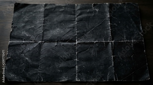 Black paper sheet with multiple folds and creased texture on dark wooden surface background material distressed abstract backdrop wrinkled paperwork structure