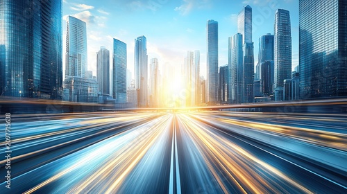 Cityscape view with blurred lights on the road