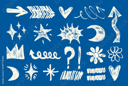 Scribble Marker Doodle Collection. Hand drawn white chalk or crayon children drawings, scratchy vector pencil arrows, flower, heart, moon and stars with grunge texture. Simple symbols