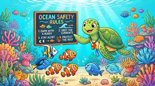 Happy Sea Turtle Teaching Ocean Safety to Little Fish | Cute Kids Educational Clipart Illustration