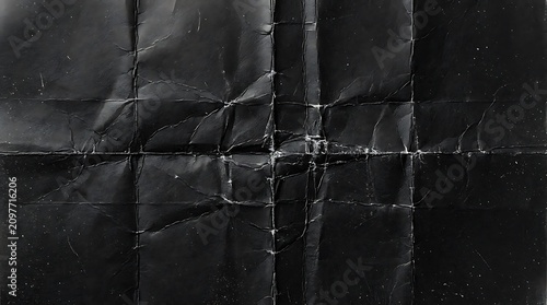 Dark black paper texture featuring complex folded creases distressed material background wrinkled crinkled abstract backdrop structure creative paperwork template monochrome darkness