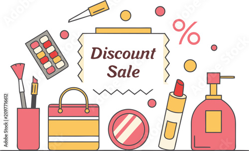 Beauty product discount sale banner with various cosmetics including brushes and makeup.