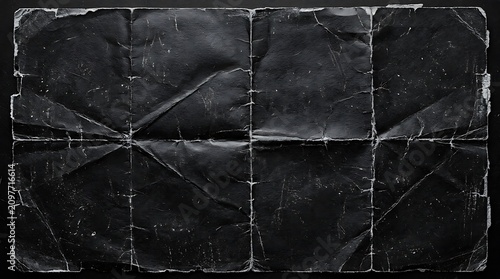 Dark grunge crumpled paper background with eight fold grid pattern crumpled background distressed material crinkled backdrop darkness wrinkled artistic abstract structure monochrome
