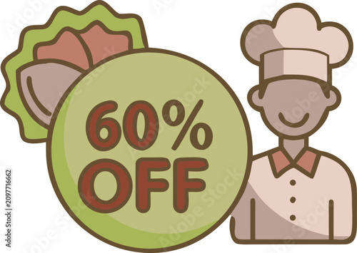 Chef wearing hat with sixty percent off green badge sign illustration for food promo.