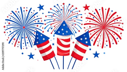 A festive illustration of red, white, and blue fireworks and sparklers on a white background