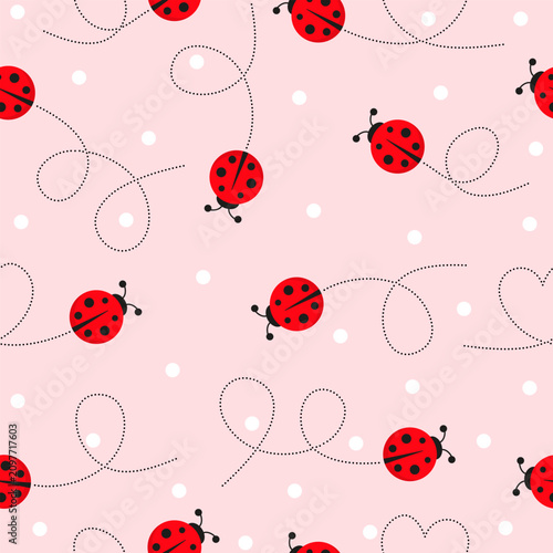 Adorable ladybird seamless pattern featuring bugs and white dots. Charming pink vector print ideal for kids' textiles, spring backgrounds, or nursery decor.