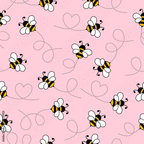 Cute flying bees with dotted lines seamless pattern. Vector illustration on pink background.