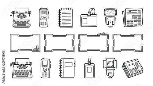 Obraz na plátně Journalist Tools and Frames: A collection of iconic tools for journalists, including a vintage typewriter, modern recorder, notepad, ID badge, camera flash, and newspaper