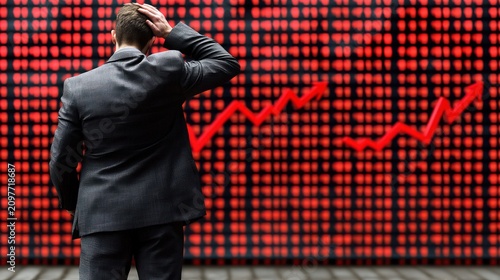 Anxious figure stares at falling market graph