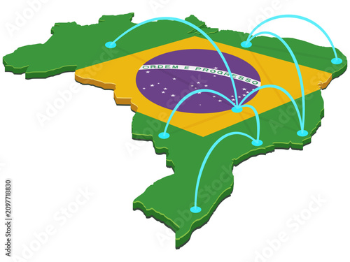 3D isometric map of Brazil textured with national flag and connected by blue data lines representing trade routes, domestic flights and telecommunications network (cut out)
