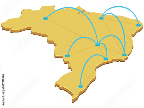 3D isometric map of Brazil with blue communication lines representing regional trade routes, data network, internal flights, and domestic transportation logistics (cut out)