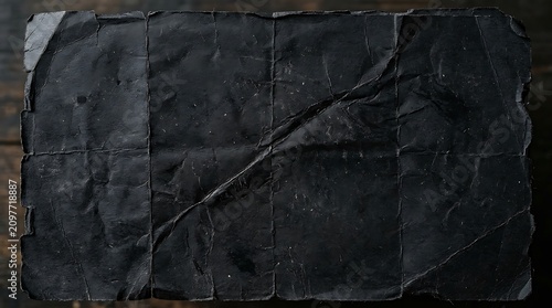 Distressed black crumpled paper background with diagonal fold crumpled distressed background material crinkled wrinkled backdrop abstract darkness monochrome paperboard construction