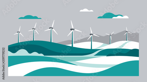 Obraz na płótnie Wind turbine farm in hilly snowy winter landscape.
