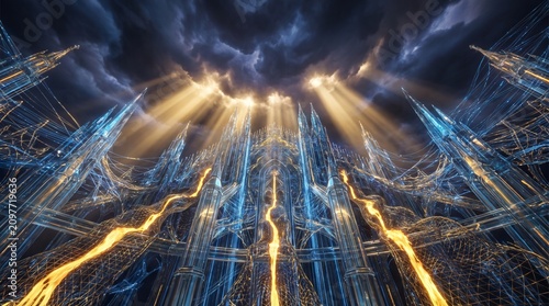 A grand, worshipful perspective that reimagines data infrastructure as a colossal fantasy cathedral.