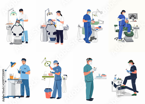 Tableau sur toile A collection of illustrations showing dentists and dental hygienists performing medical procedures and using specialized equipment in a professional clinic environment