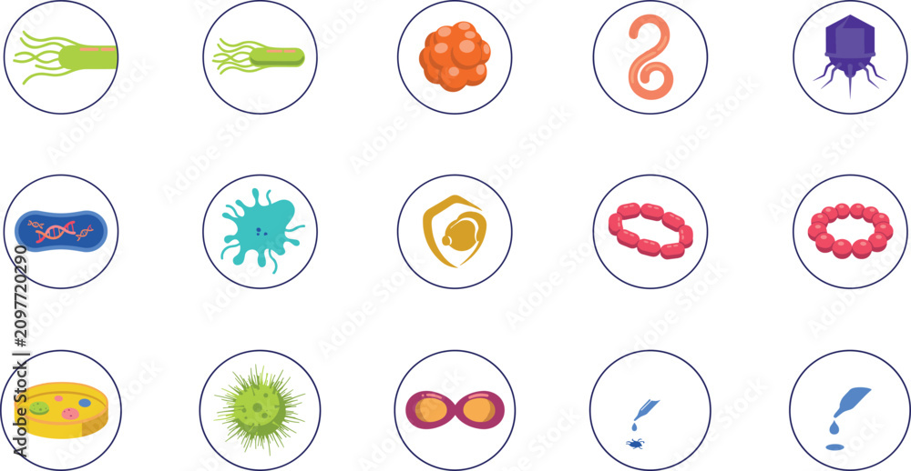 Fototapeta premium Microbiology and Virology Circle Icon Set Featuring Scientific Diagrams of Bacteria Viruses Parasites Helminths Pathogens and Laboratory Petri Dish Cultures