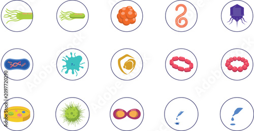 Cuadro en lienzo Microbiology and Virology Circle Icon Set Featuring Scientific Diagrams of Bacte