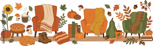 Fotografía Cozy autumn living room horizontal banner vector illustration featuring comforta