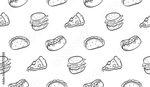 Fast food doodle background. Snacks pattern background. Convenience food seamless pattern. Line art of drink and eatery hand drawn with burger, pizza, hotdog, sandwich.
